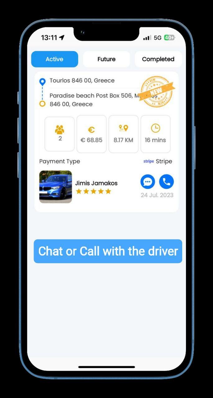Screenshot of the MykonosRide app displaying driver information and contact options chat and phone of the driver.