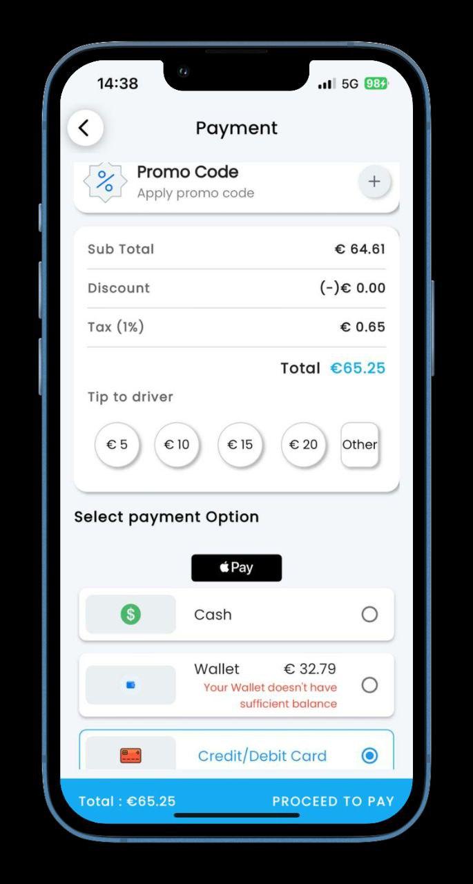 Screenshot of the MykonosRide app displaying user payment options google pay apple pay cash wallet.